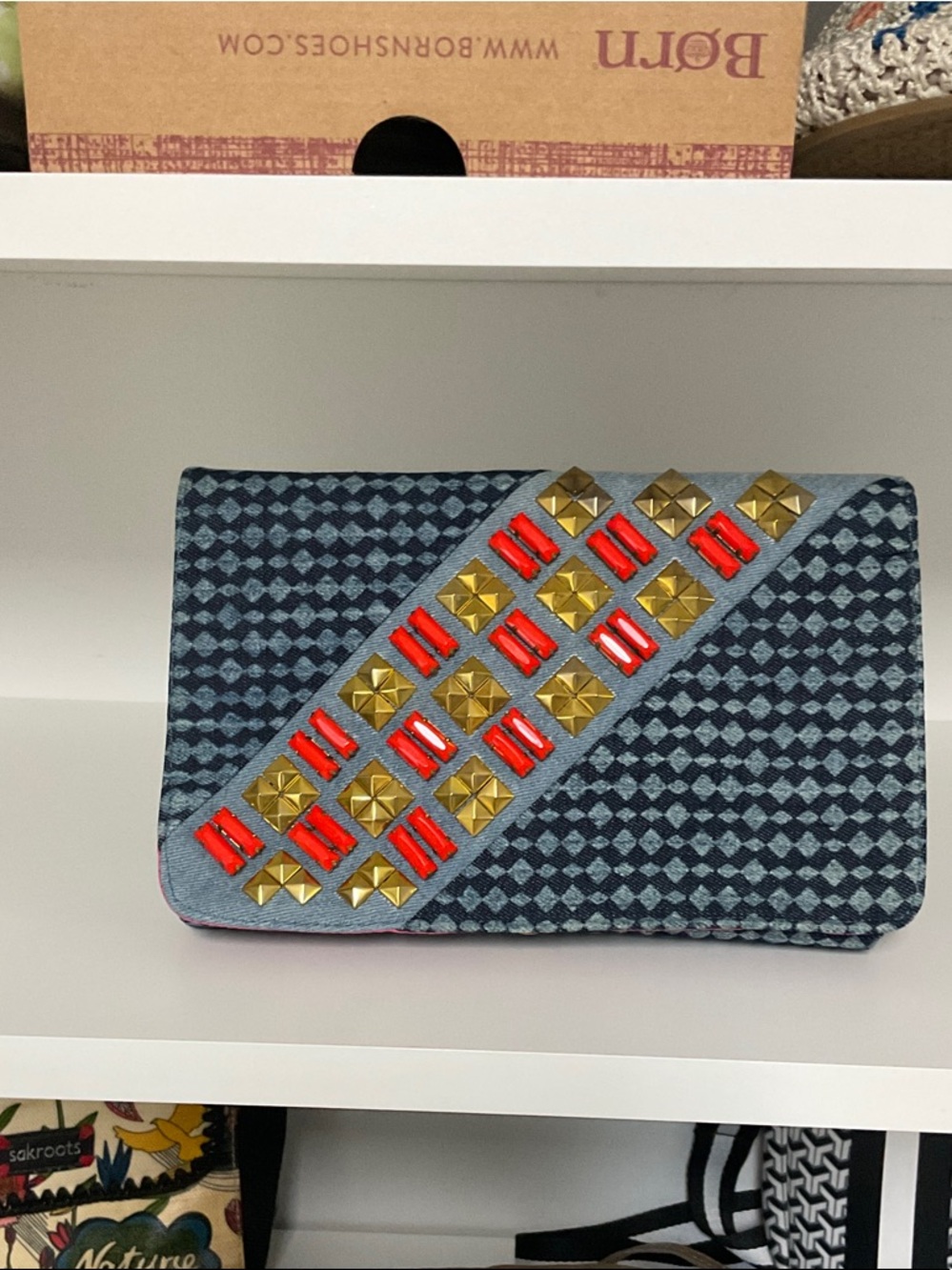 Shiraleah Blue Checkered Clutch with Gold Studs and Red Accents